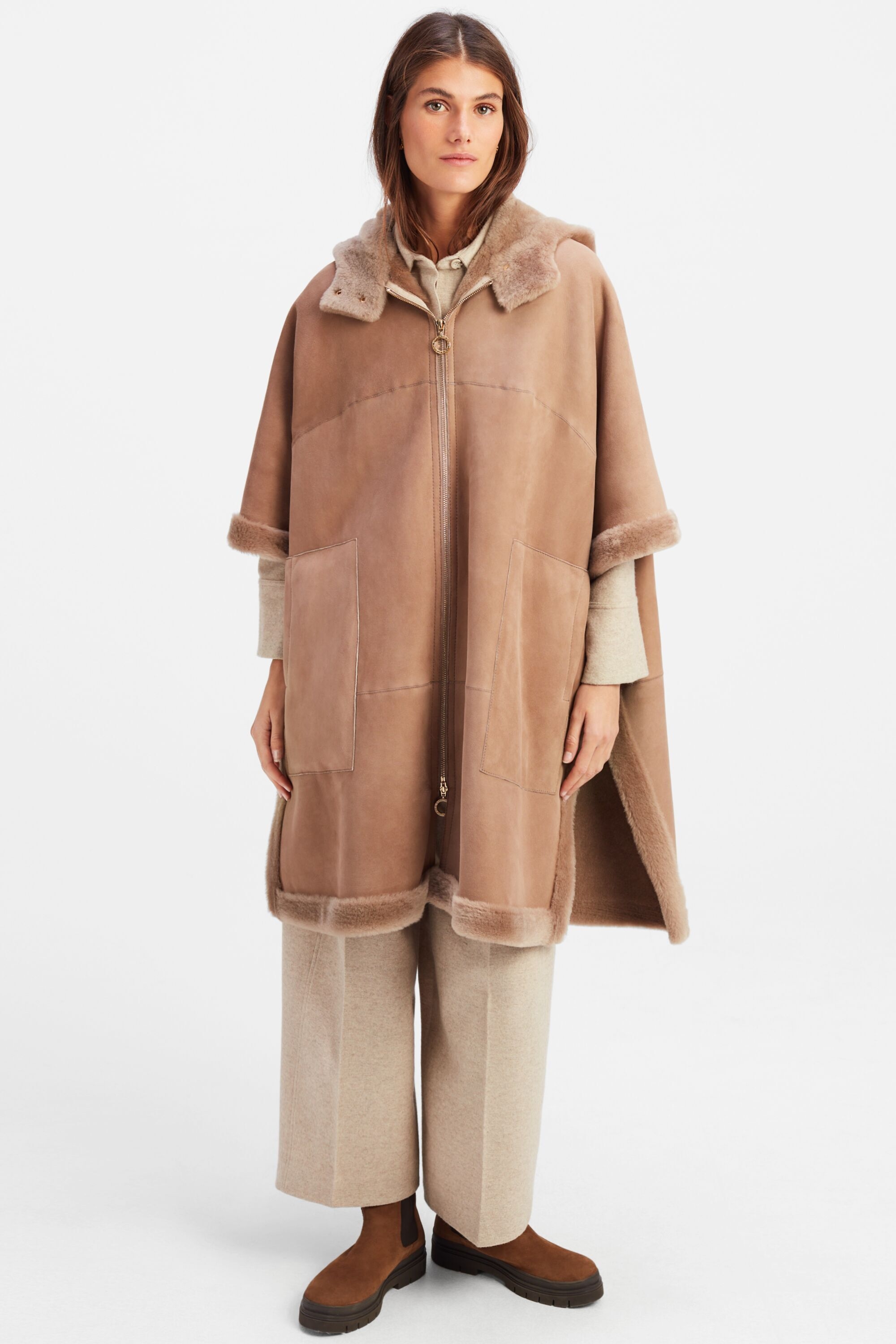Double-faced leather oversized cape