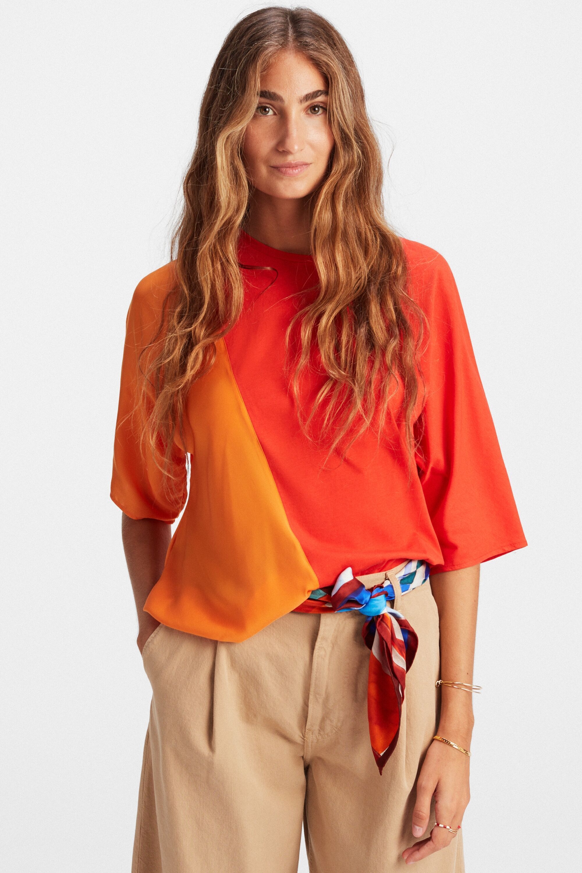 Knit and satin oversized t-shirt