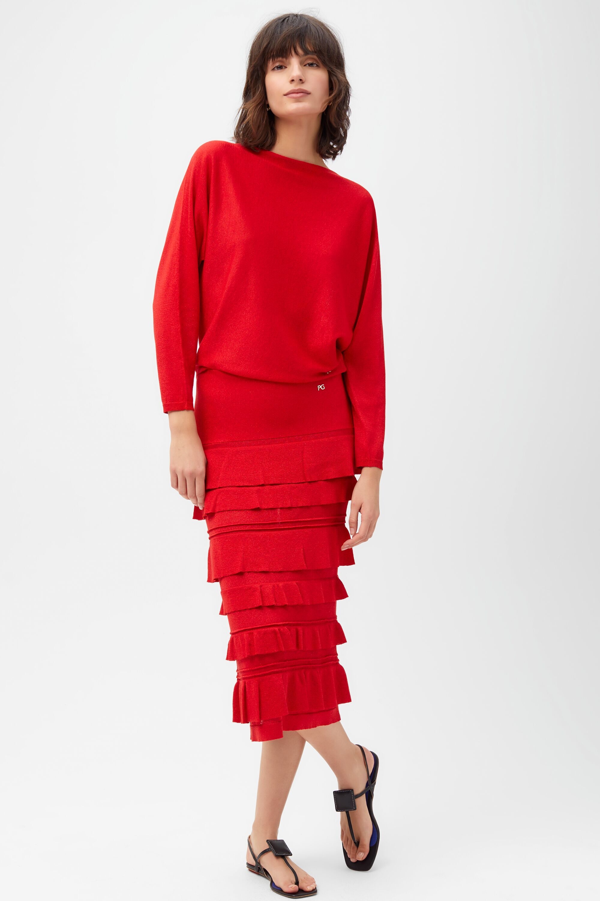 Tiered lurex knit pencil skirt