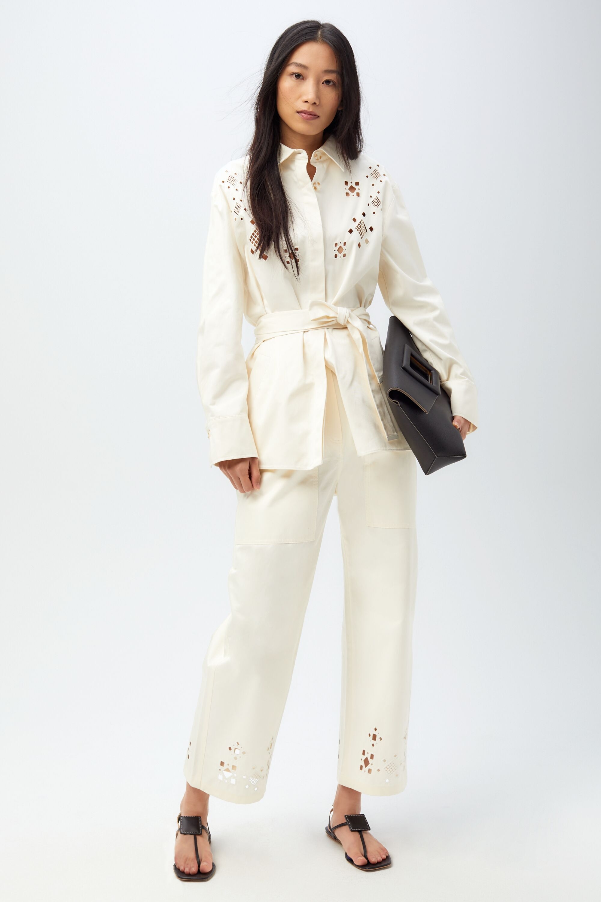 Cutwork embroidery twill straight-leg trousers