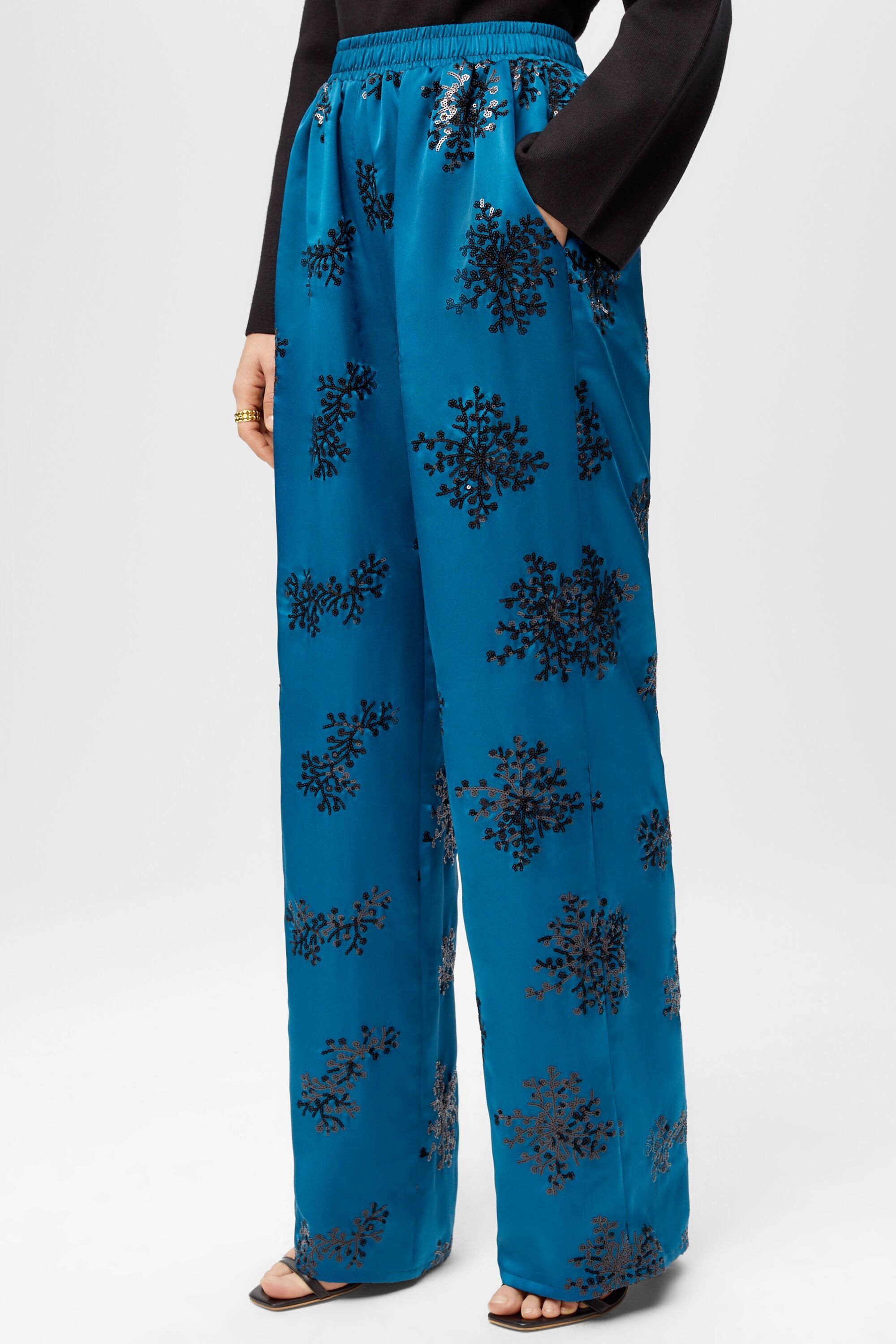 Sequined satin straight-leg trousers