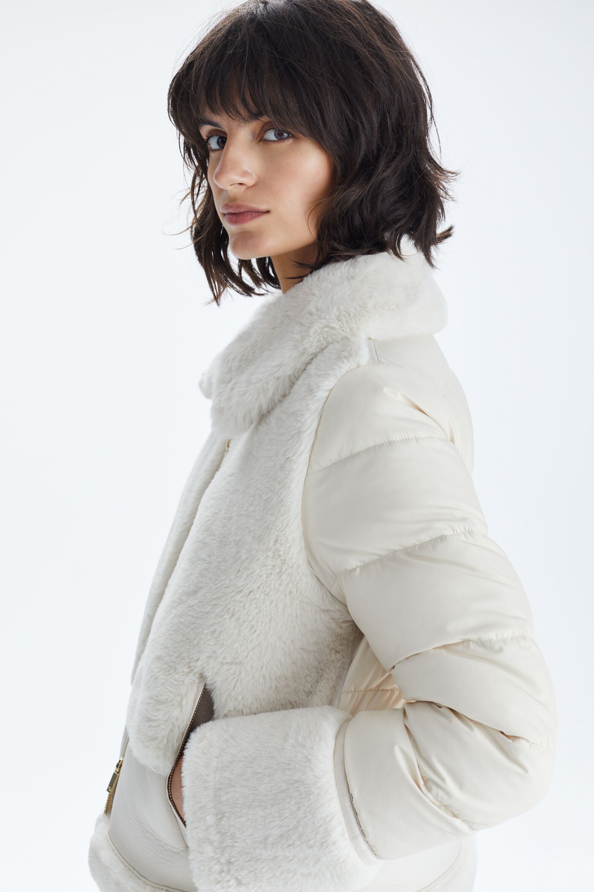 Combined double-faced fur and nylon jacket vanilla - Purificacion
