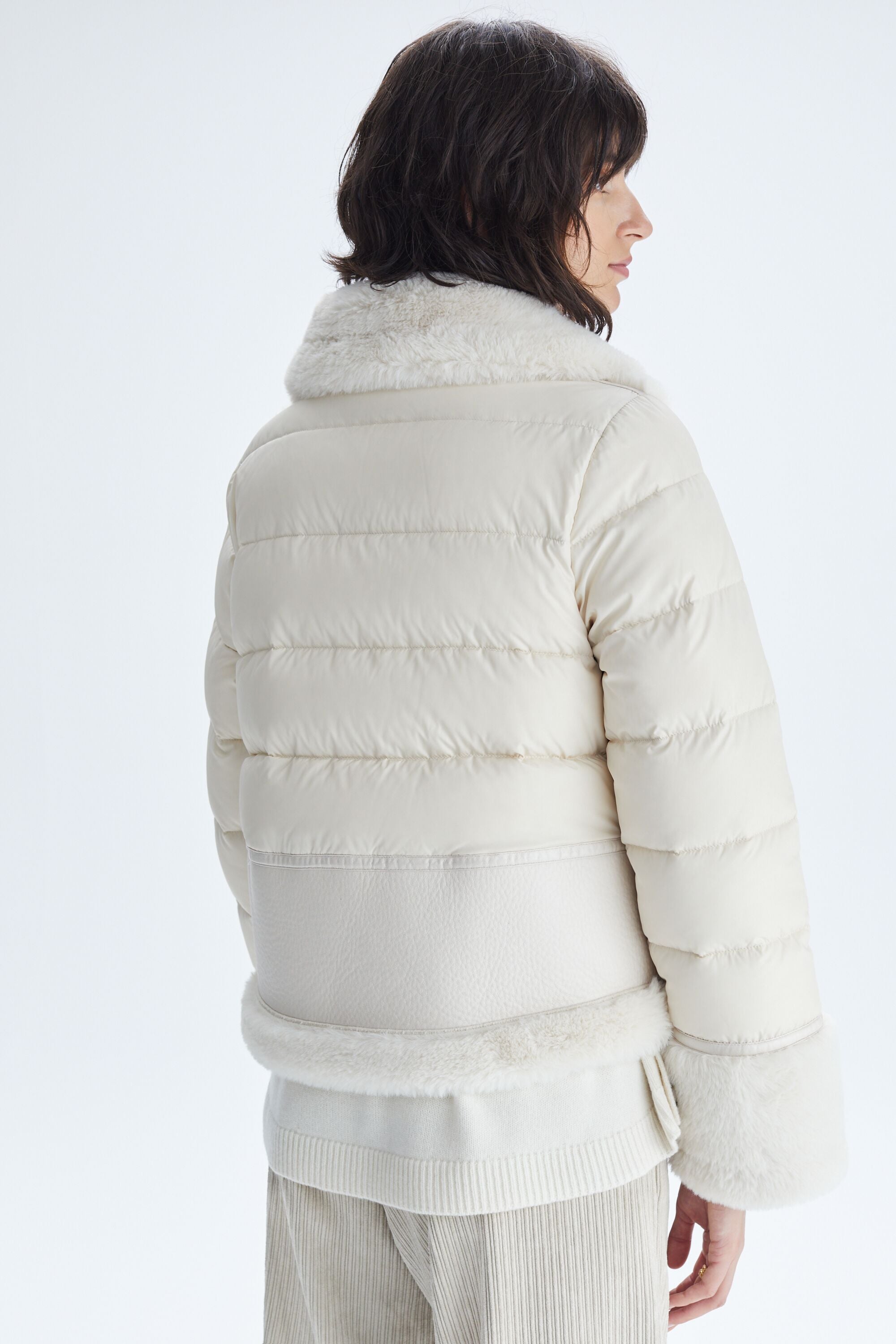 Combined double-faced fur and nylon jacket vanilla - Purificacion