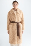 Belt-detailed fur oversize long coat