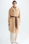 Belt-detailed fur oversize long coat