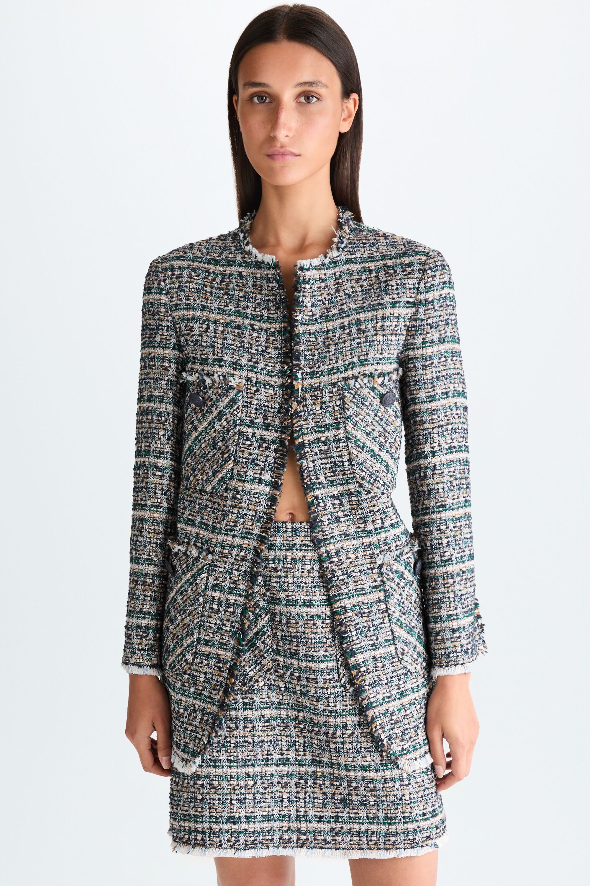 Frayed woven straight-fit long jacket