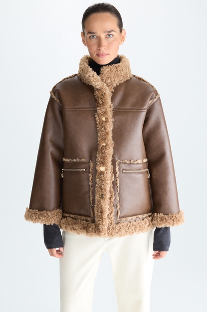 FAUX-LEATHER FAUX-FUR STRAIGHT-FIT REVERSIBLE COAT