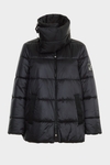 High-neck quilted nylon A-line coat