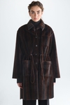 Gathered waist fur oversize coat