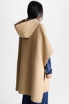 Hooded double-faced wool reversible cape