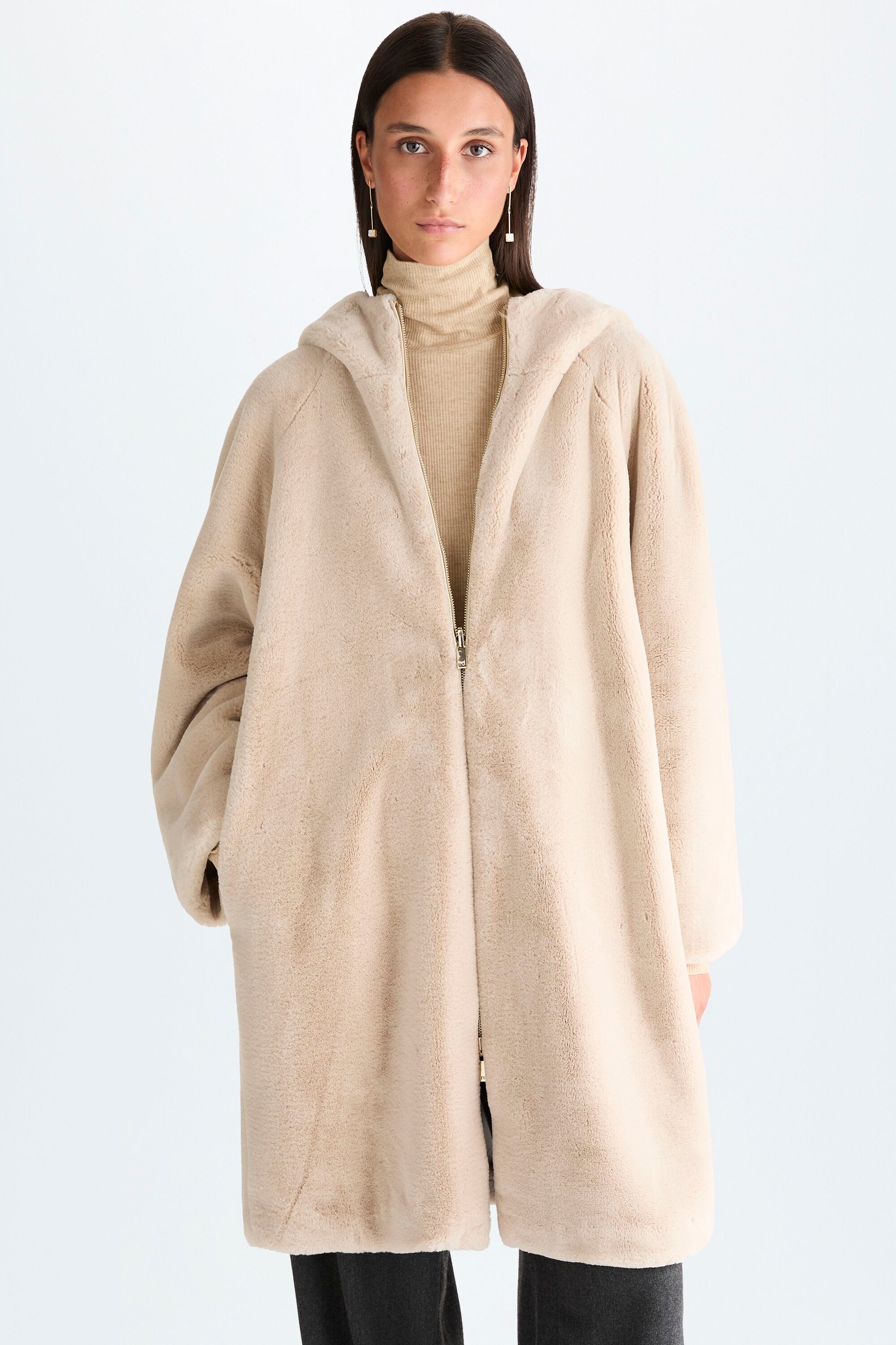 Hooded fur nylon cocoon reversible coat