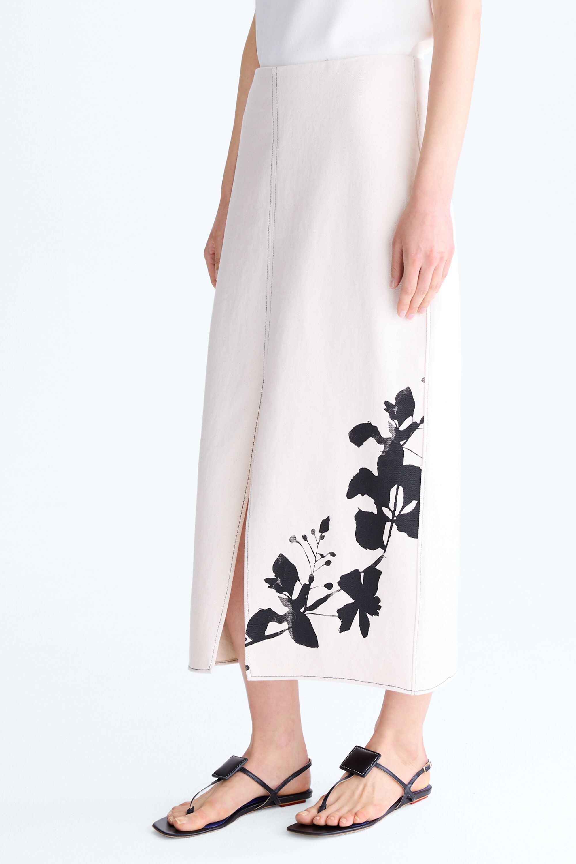 Flowery print twill straight-fit midi skirt