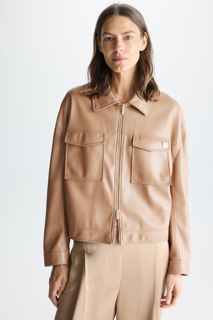 Pocket-detailed faux leather oversize jacket