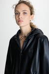 Hooded faux-leather technical fabric reversible bomber jacket