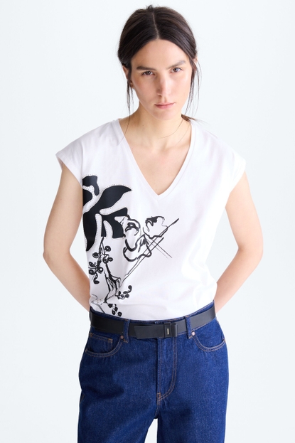 Camiseta recta sin mangas flores ecopiel