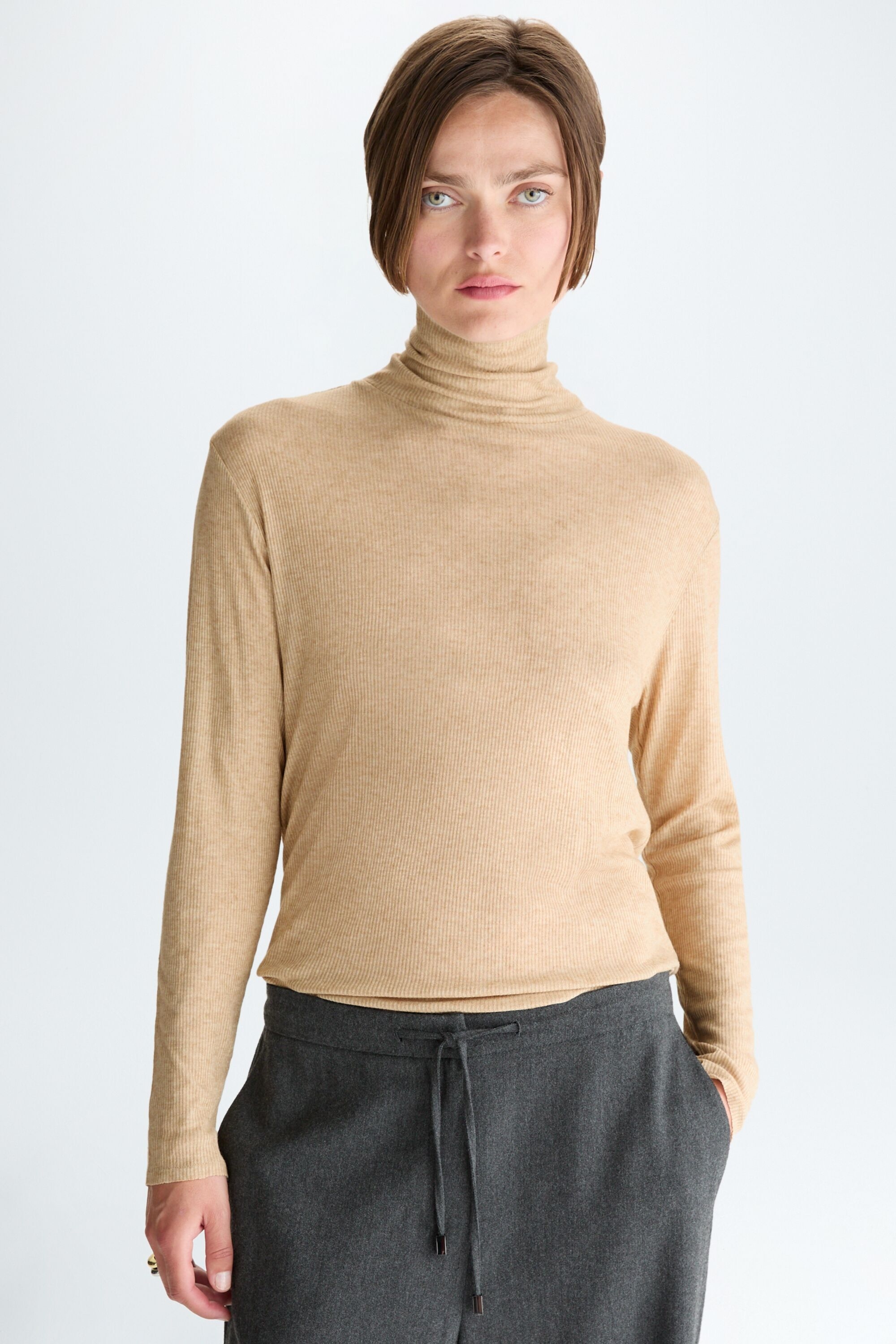 High-neck ribbed knit semi-fitted t-shirt