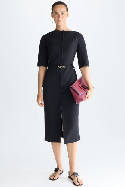 CUBE BELT CREPÉ STRAIGHT-FIT MIDI DRESS