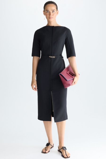 VESTIDO MIDI RECTO CREPÉ CINTURÓN CUBO