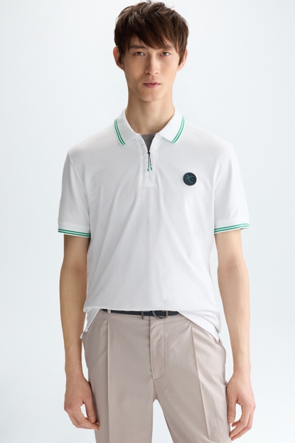 STRETCH-PIQUÉ HALF-ZIP SLIM FIT POLO SHIRT