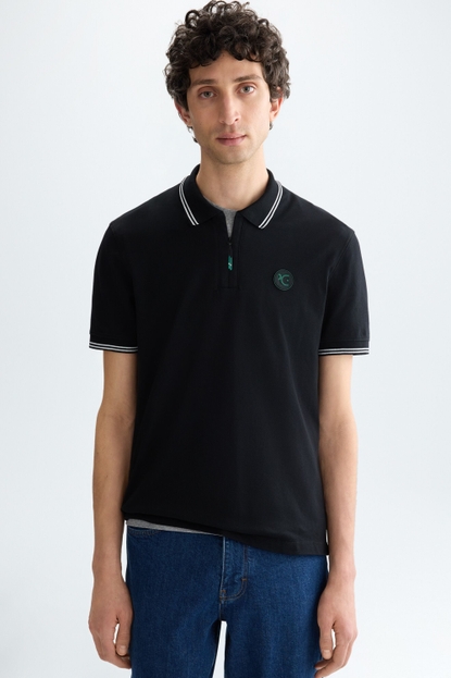 STRETCH-PIQUÉ HALF-ZIP SLIM FIT POLO SHIRT