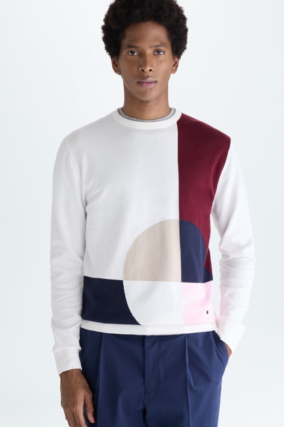 GEOMETRIC INTARSIA PIMA COTTON KNIT SWEATER