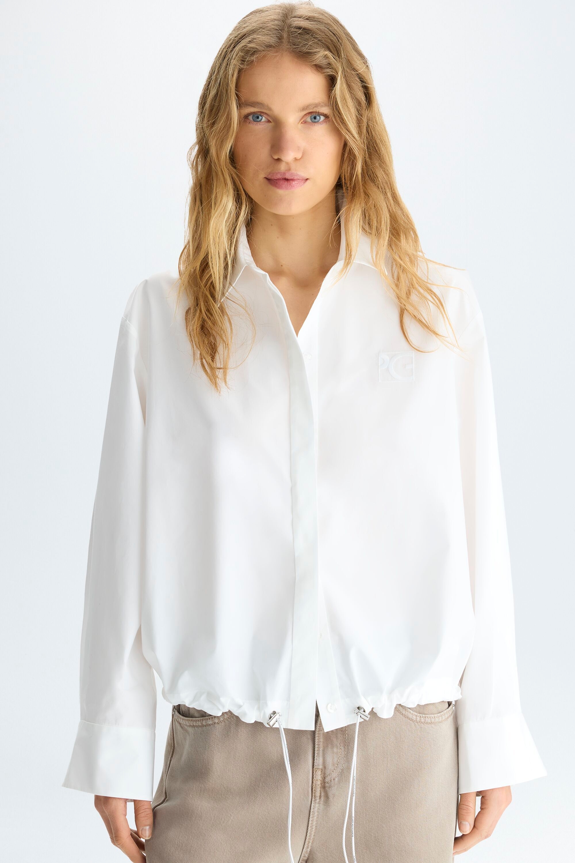 Gathered hem poplin straight-fit shirt