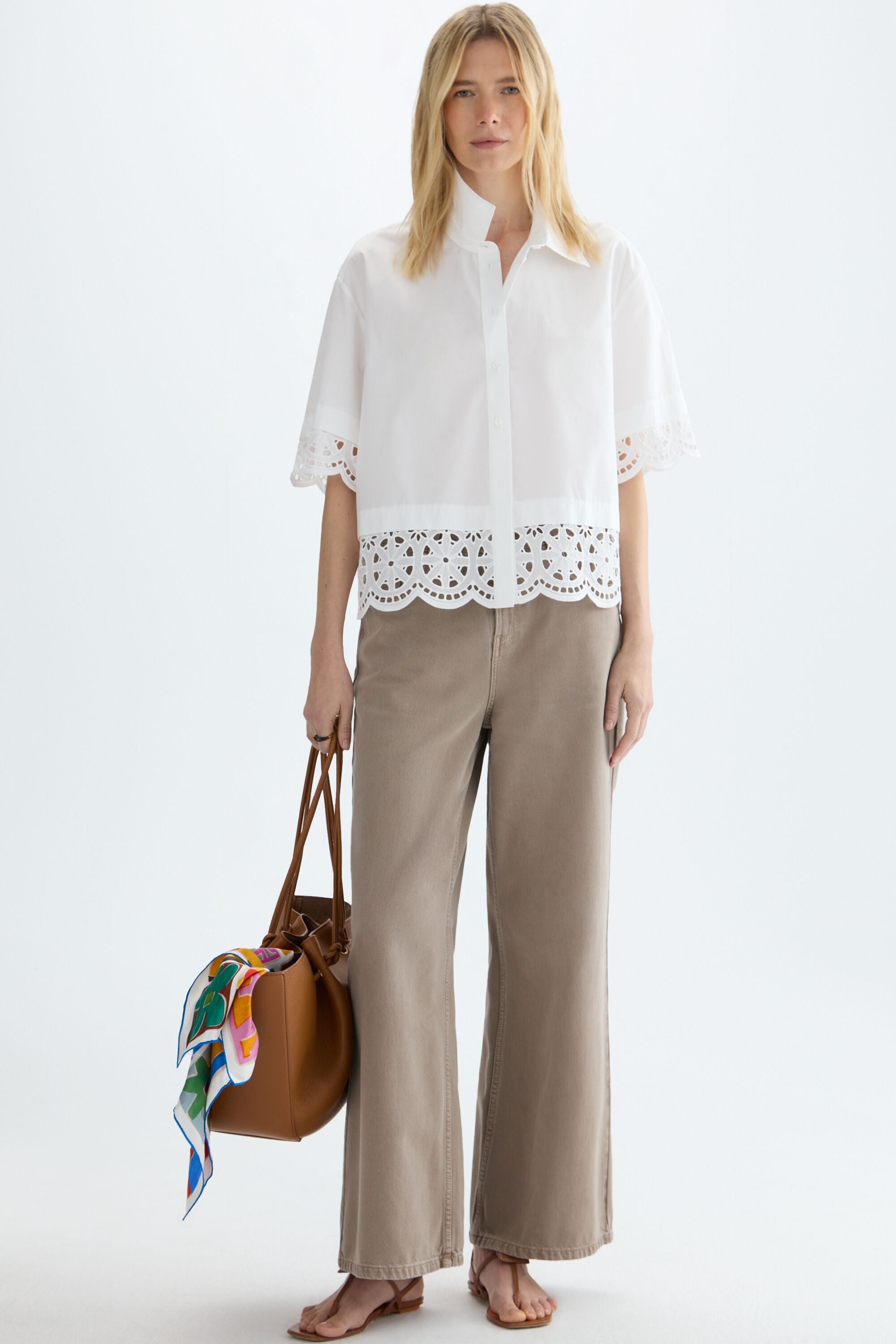 Cut-out embroidered poplin oversize shirt white