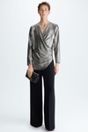 Draped metallic wrap fitted top