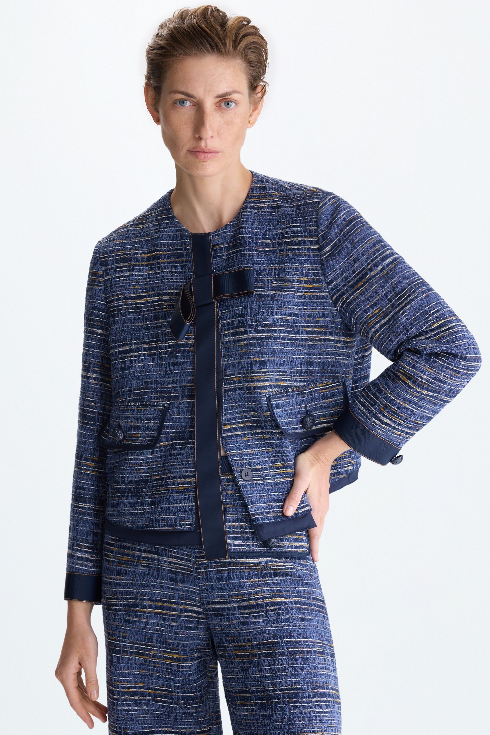 Denim-effect woven A-line short jacket