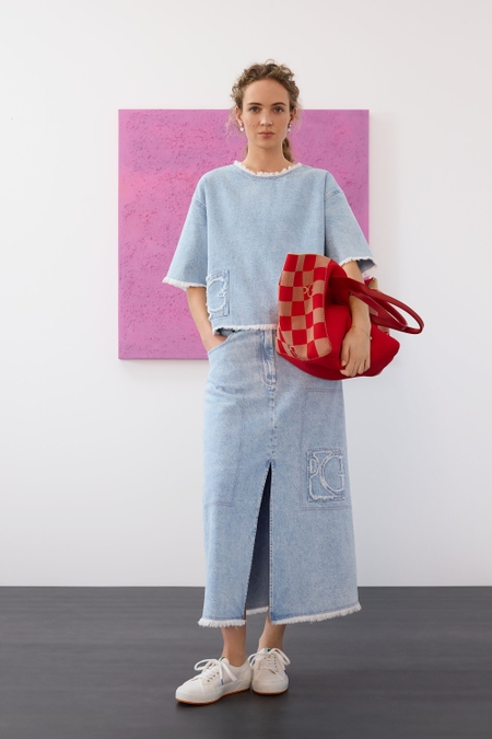FRAYED DENIM A-LINE MIDI SKIRT