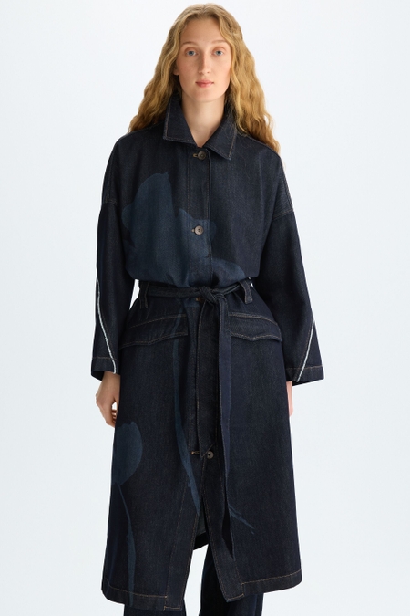FRAYED FLOWER DENIM OVERSIZE TRENCH COAT