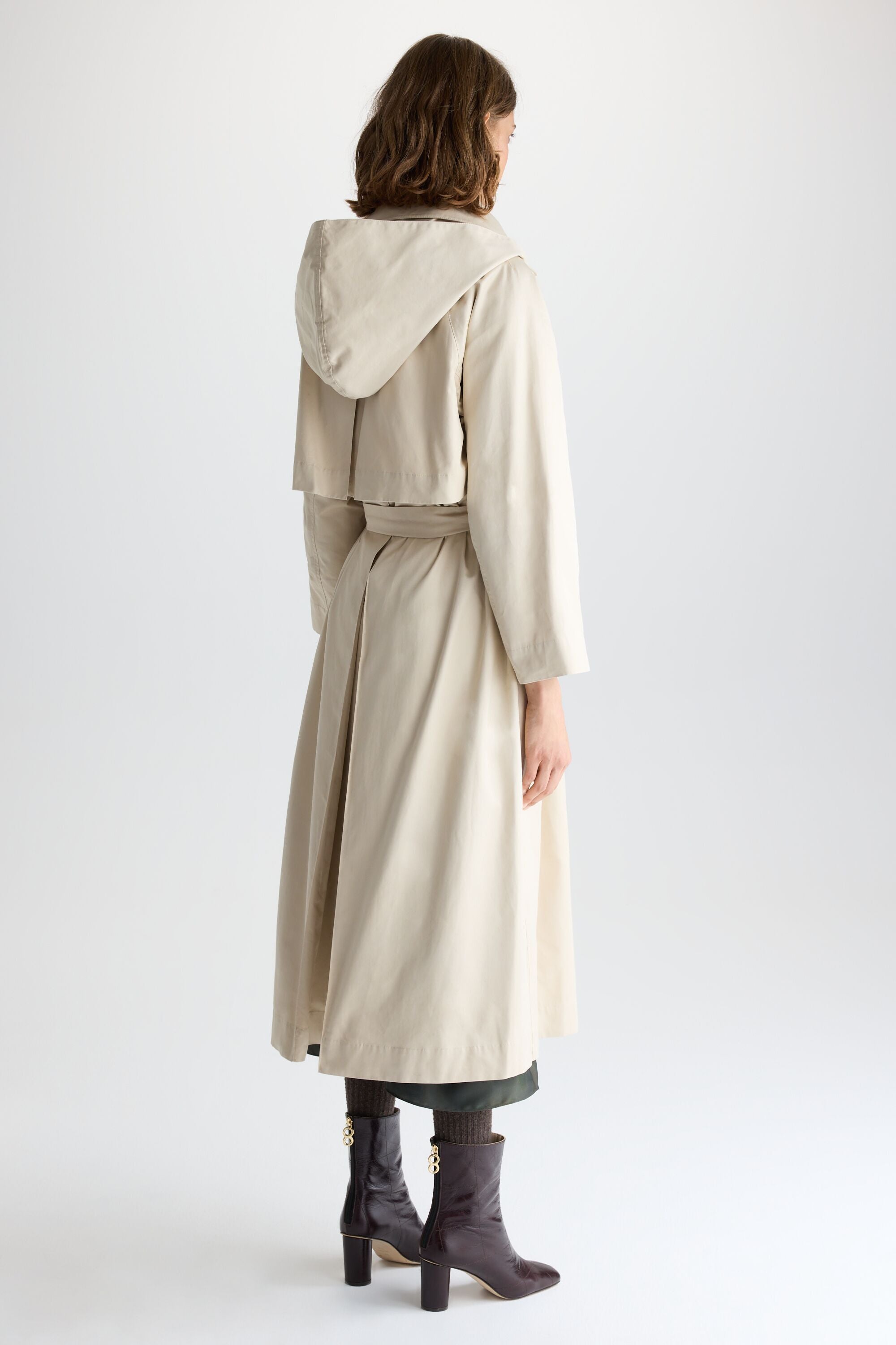 Detachable hood scarf cotton A-line trench coat natural