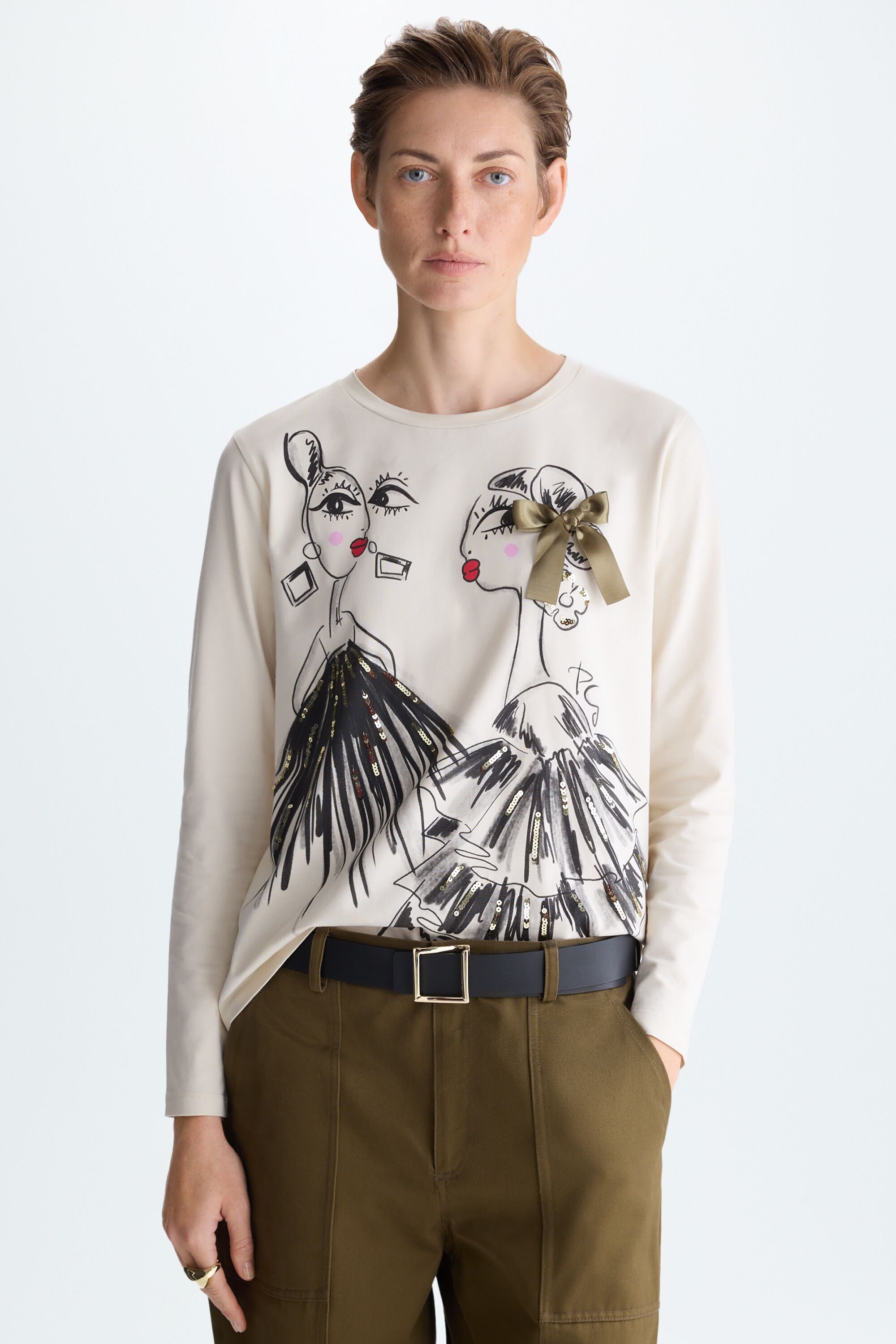 Sequinned bow drawing jersey straight-fit t-shirt
