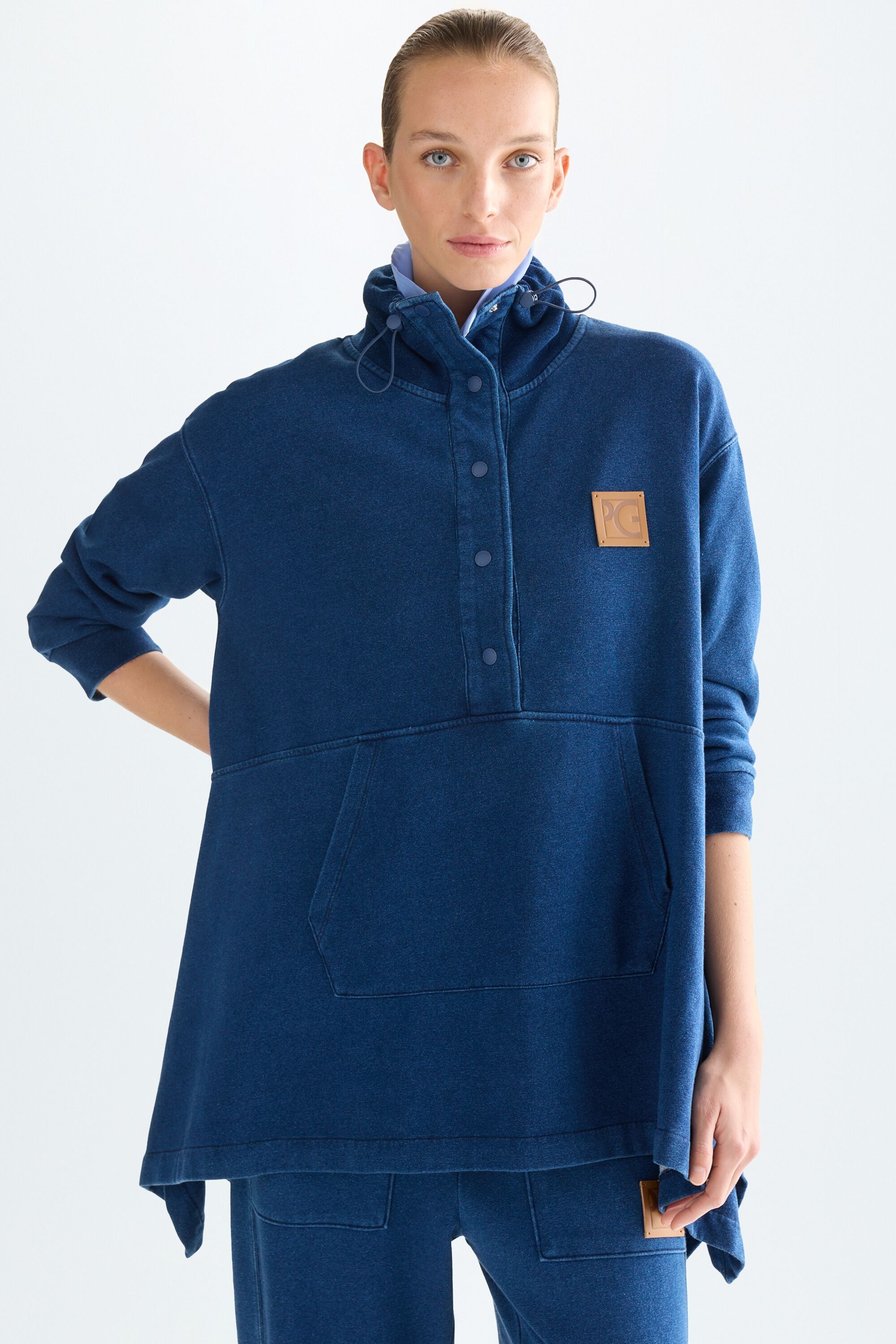 Denim-effect knit oversize long sweatshirt