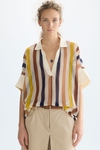 Striped pointelle knit oversize polo shirt