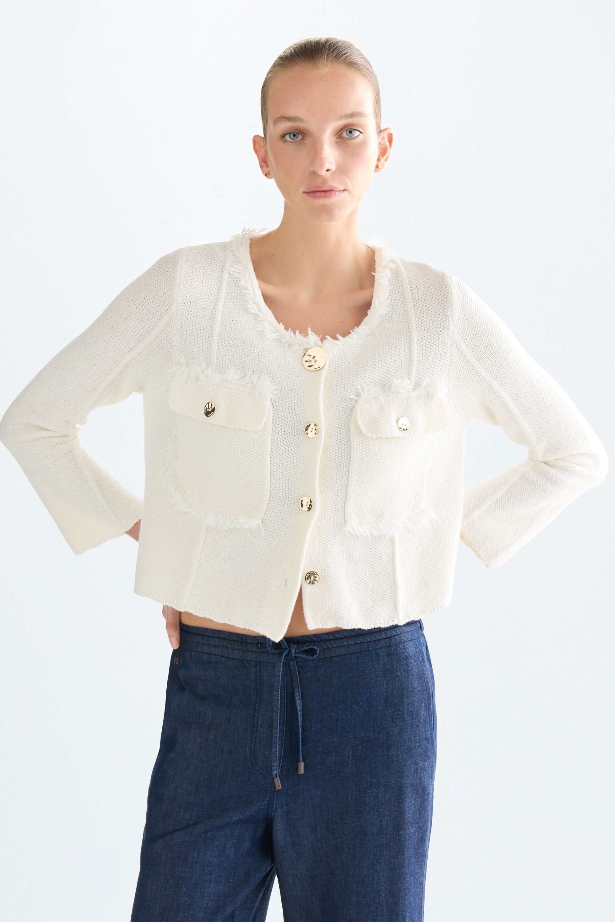 Buttoned moss stitch straight-fit short jacket