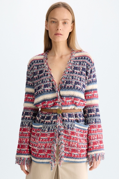 FRINGED STRIPED WOVEN STRAIGHT-FIT CARDIGAN