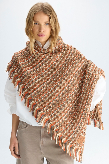 FRINGED WOVEN ASYMMETRIC SCARF PONCHO