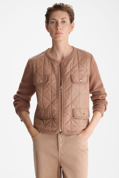 ORIGAMI-QUILTED FAUX-LEATHER BOUCLÉ STRAIGHT-FIT JACKET