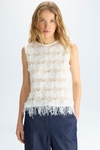 Fringed pointelle knit paper thread straight-fit top