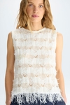 Fringed pointelle knit paper thread straight-fit top