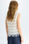 Fringed pointelle knit paper thread straight-fit top