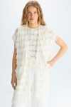 Fringed pointelle knit paper thread oversize gilet