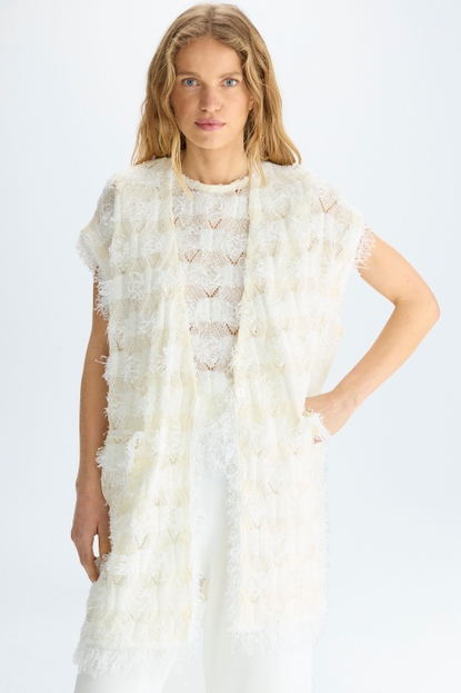 FRINGED POINTELLE KNIT PAPER THREAD OVERSIZE GILET