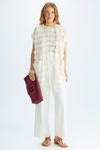 Fringed pointelle knit paper thread oversize gilet