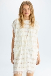 Fringed pointelle knit paper thread oversize gilet