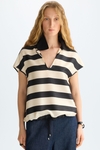 Striped print twill stretch knit straight-fit polo shirt