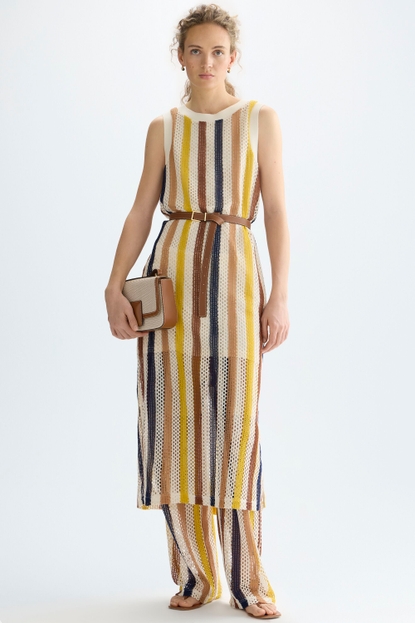 STRIPED POINTELLE KNIT STRAIGHT-FIT MIDI DRESS