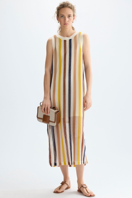 VESTIDO MIDI RECTO PUNTO CALADO RAYAS