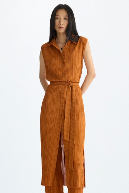 SLEEVELESS PLEATED JERSEY MIDI SHIRT DRESS